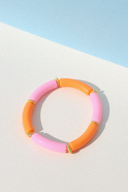 Bora - Bracelet élastique orange et rose à perles tubes